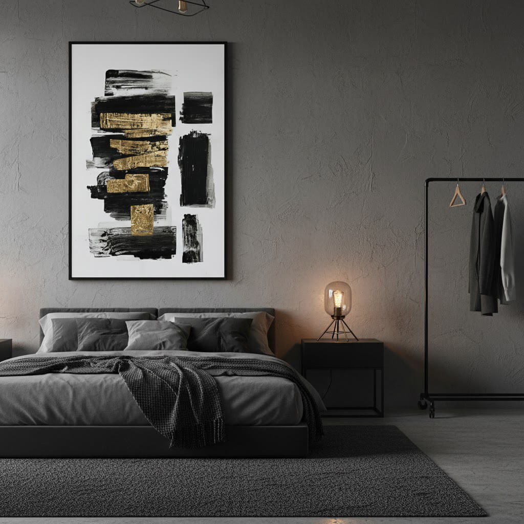 Modern bedroom with abstract art on the wall, bed, and nightstand.