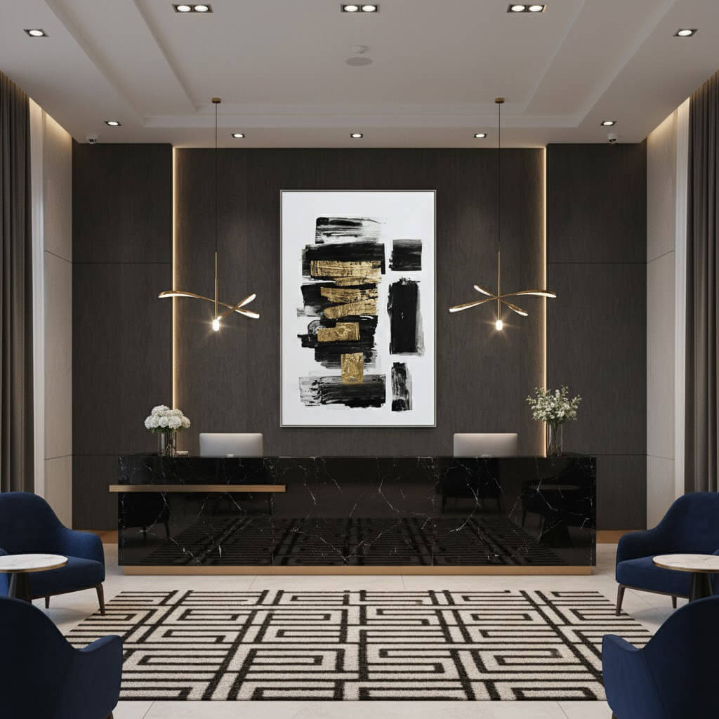 Modern interior design of a reception area with a black marble desk, abstract art, and blue chairs.