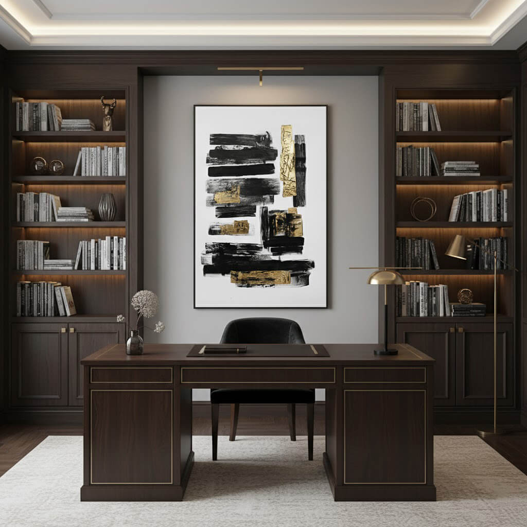 Modern home office with dark wood desk, bookshelves, and abstract art on the wall.