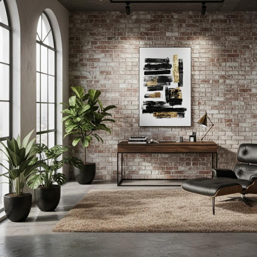 Modern office interior with brick wall, desk, and plants