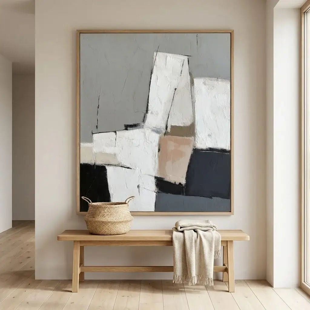 Abstract art piece on a wall above a wooden bench with a woven basket and blanket.