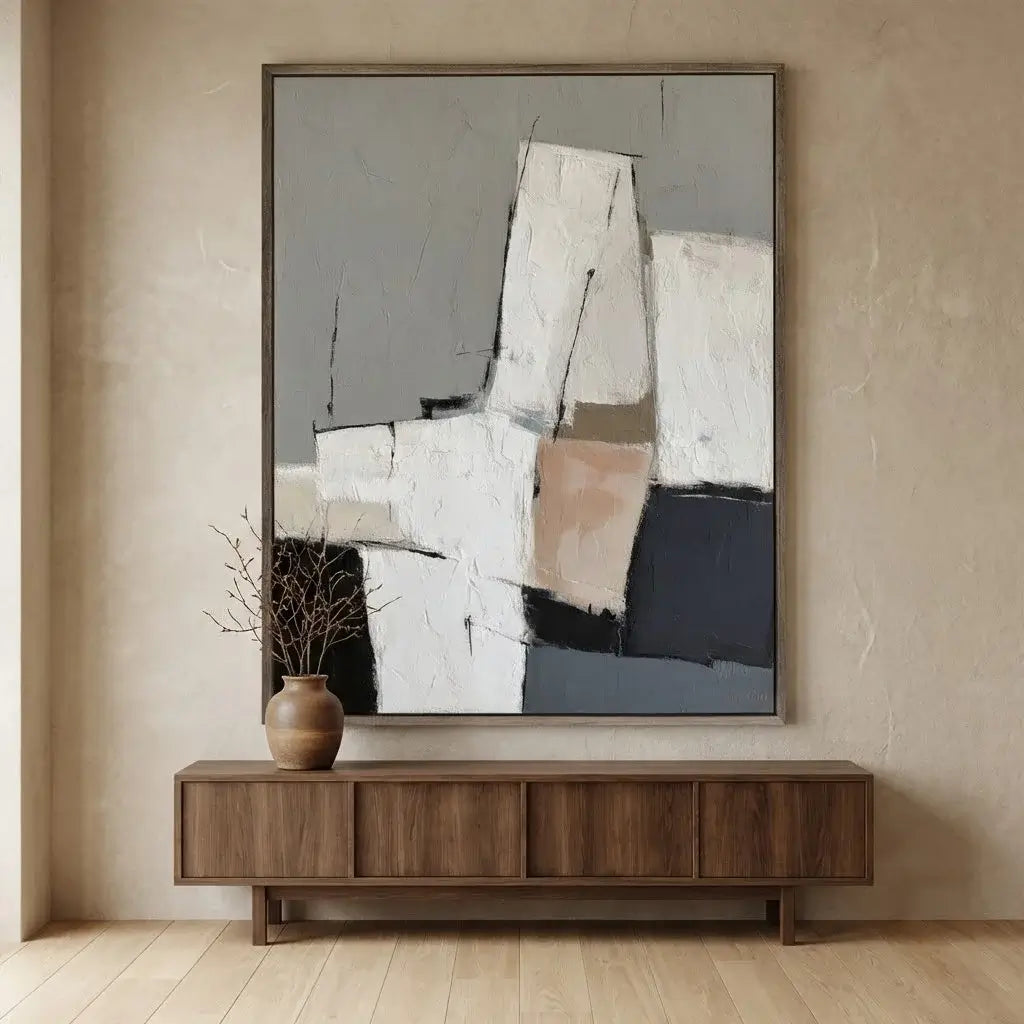 Abstract painting on a wall above a wooden console table with a vase.