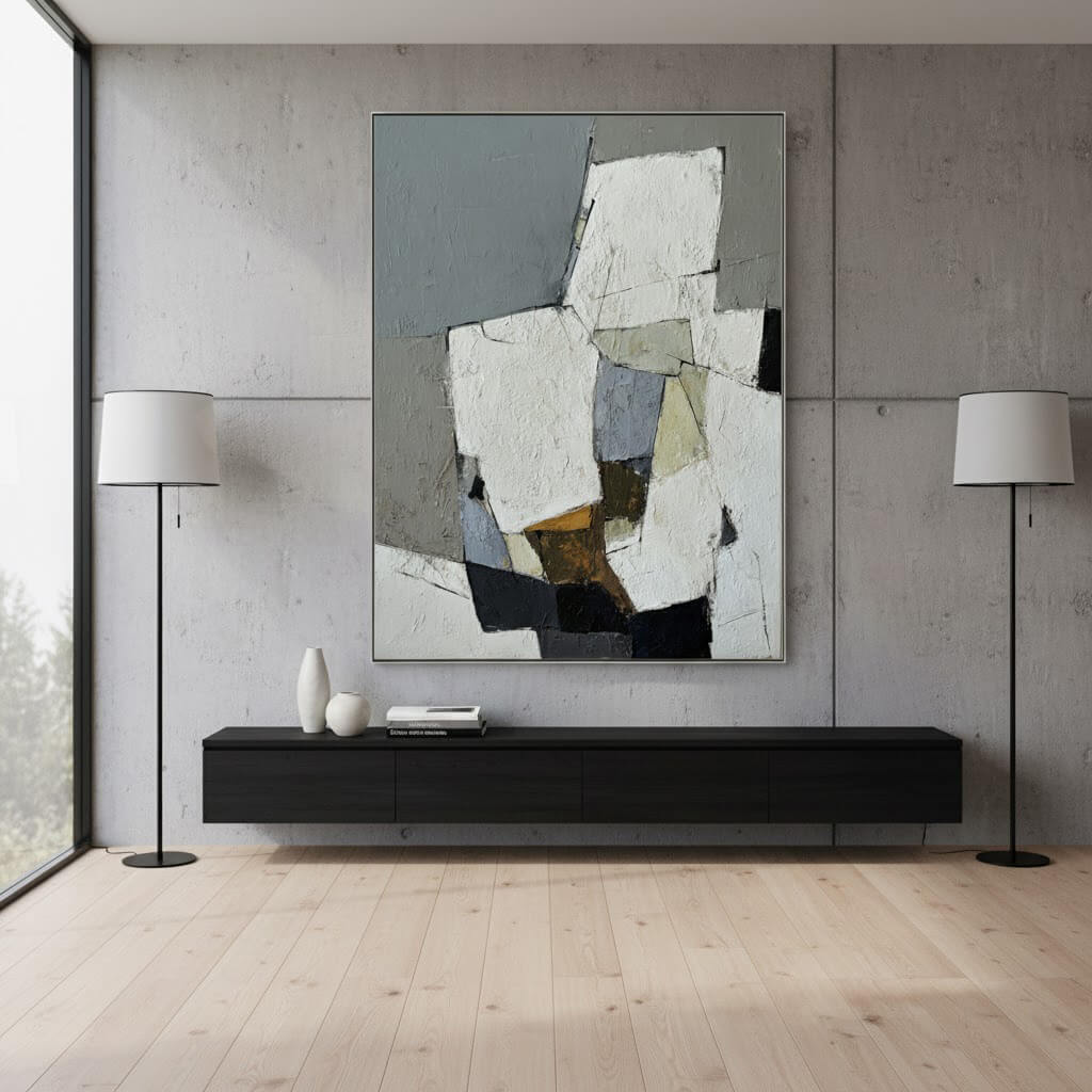 Modern living room with abstract artwork on the wall