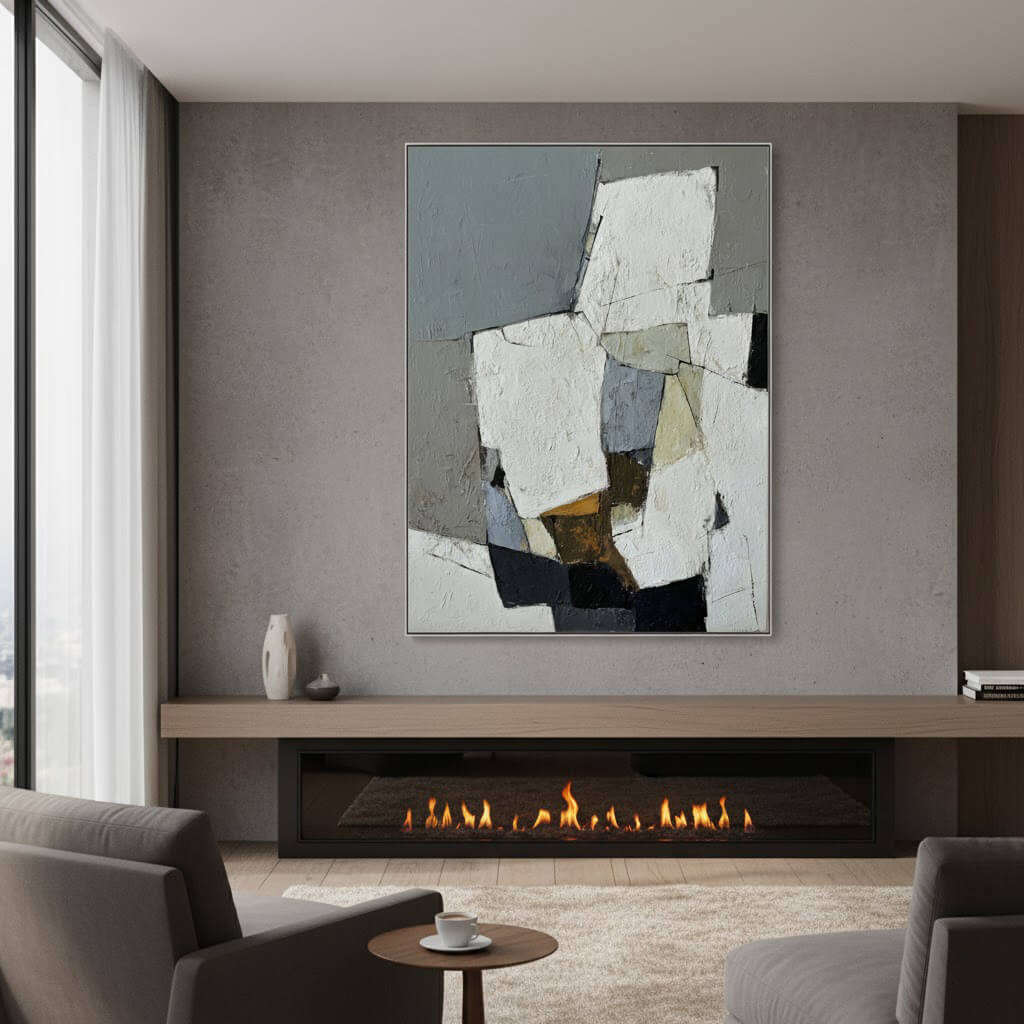 Modern living room with abstract art above a fireplace