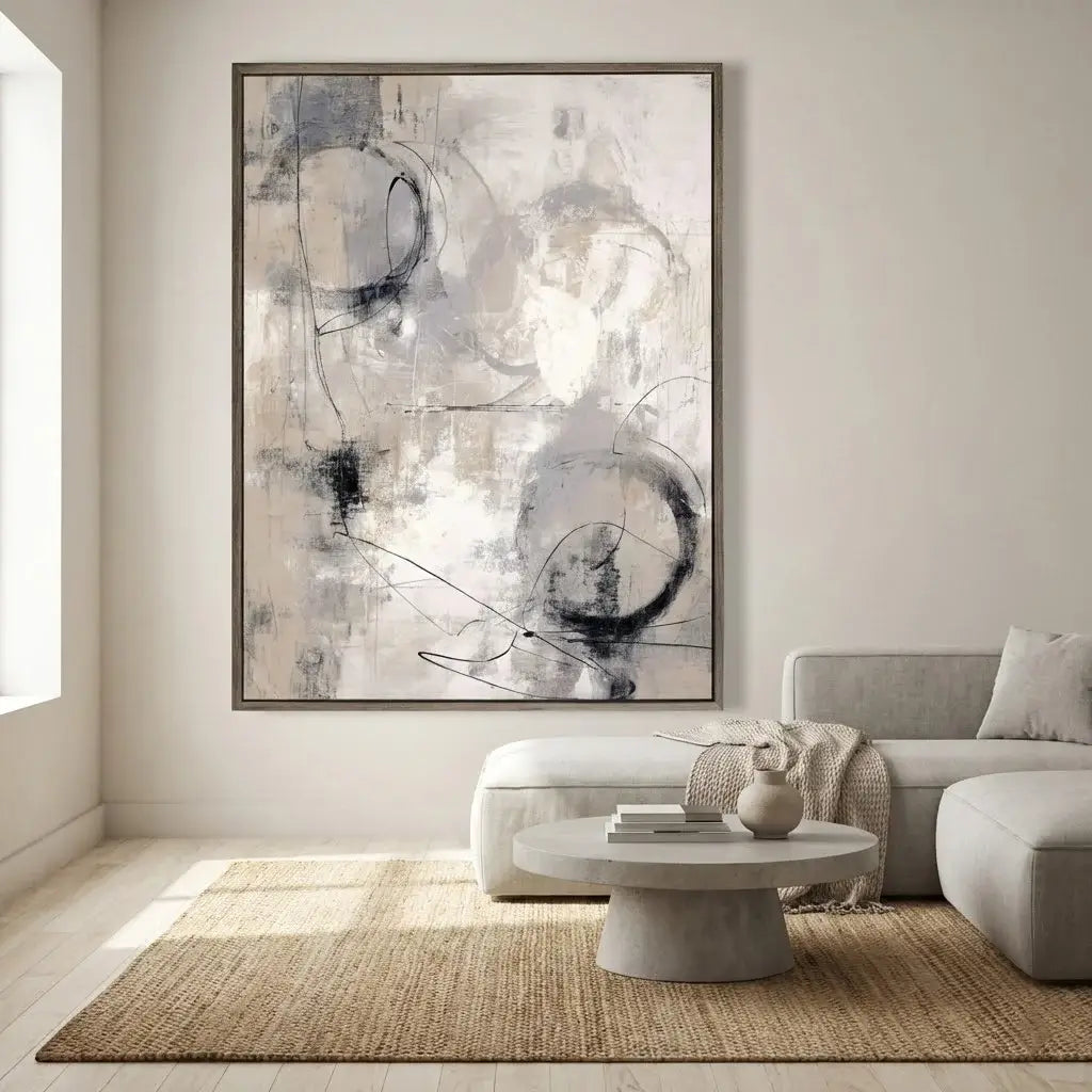 Modern living room with abstract art on the wall and a sofa.