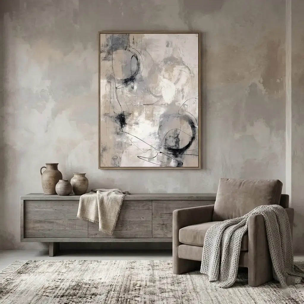 Living room with abstract art, wooden console table, and armchair.