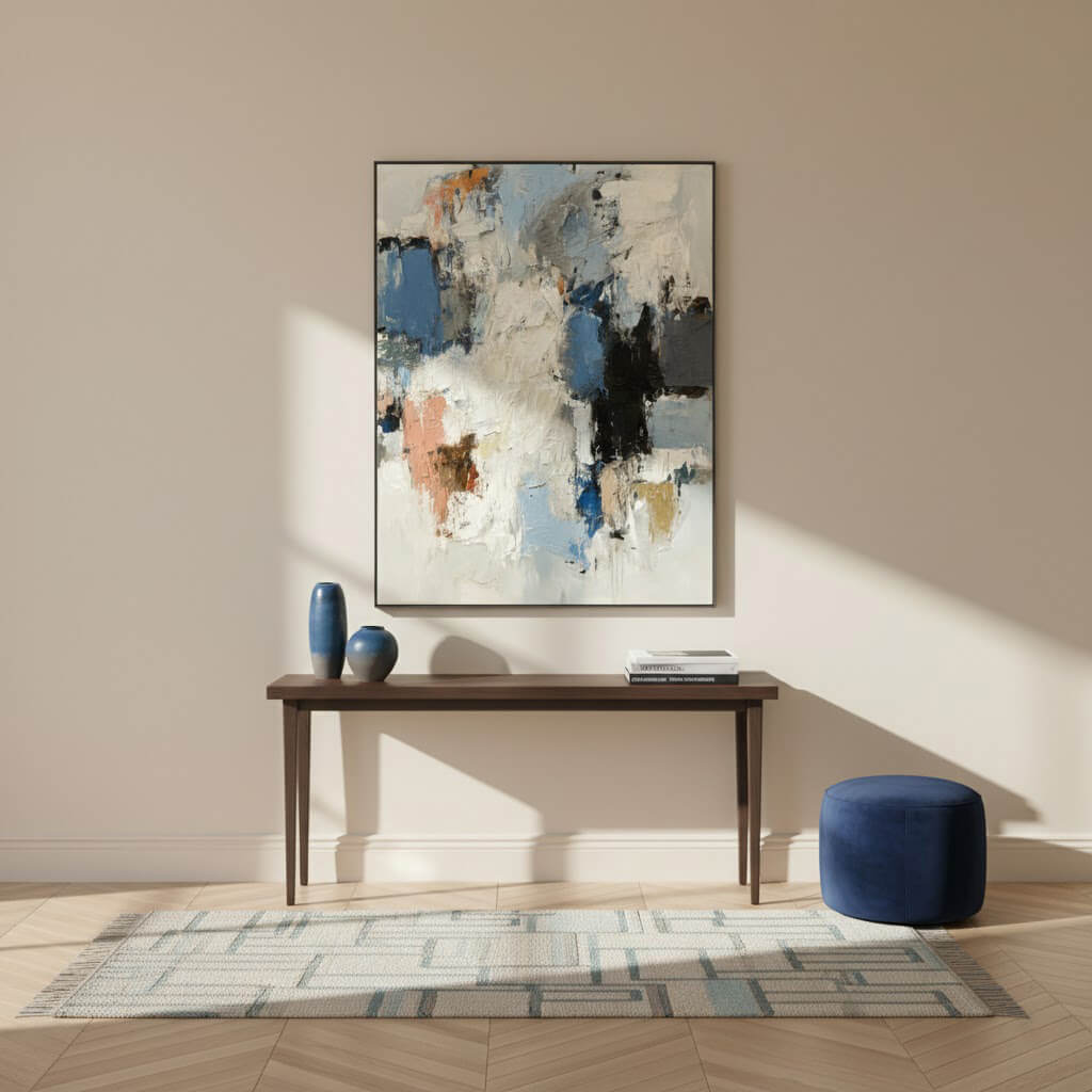 Modern interior with abstract painting, console table, and blue stool.
