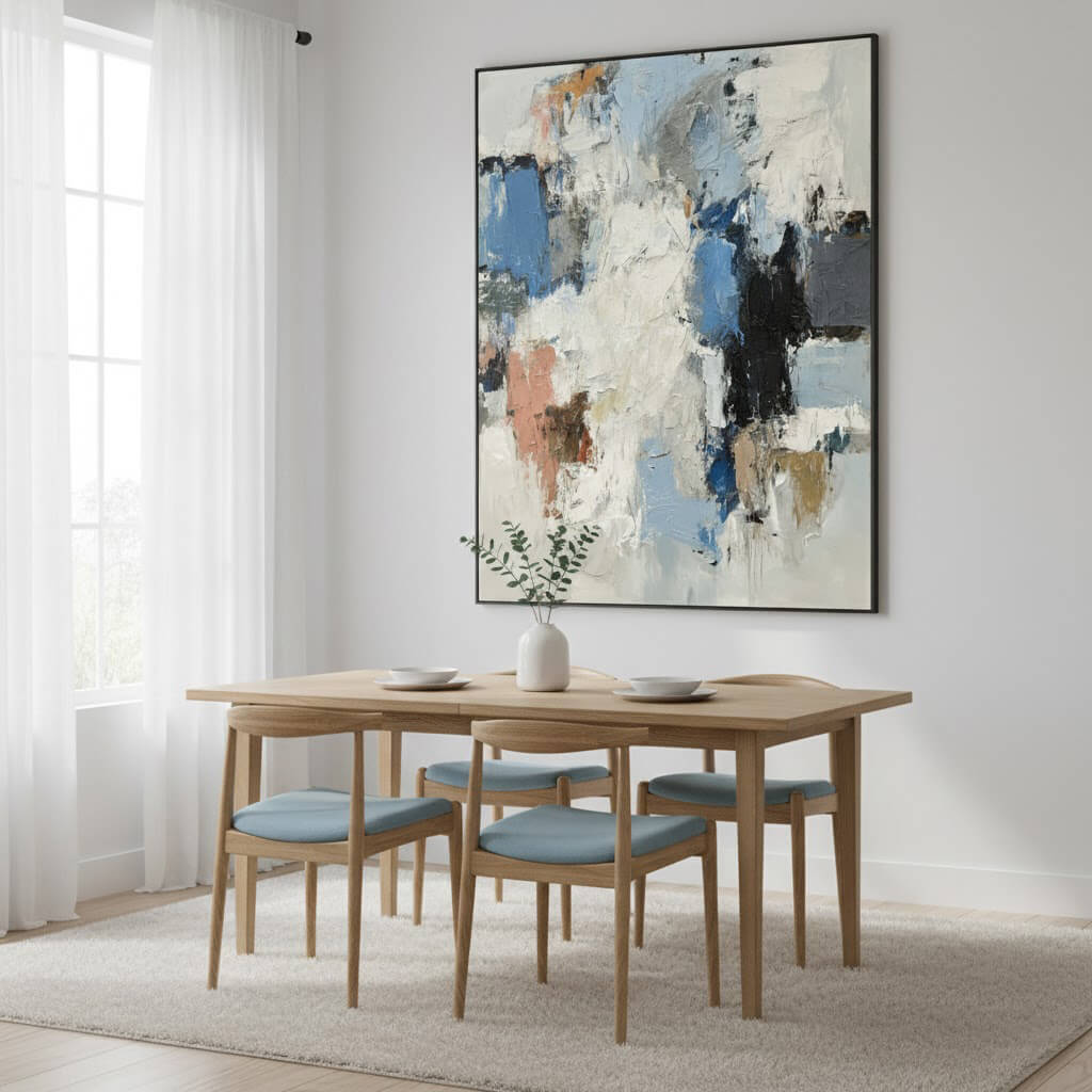Dining room with wooden table and chairs, abstract painting on the wall.