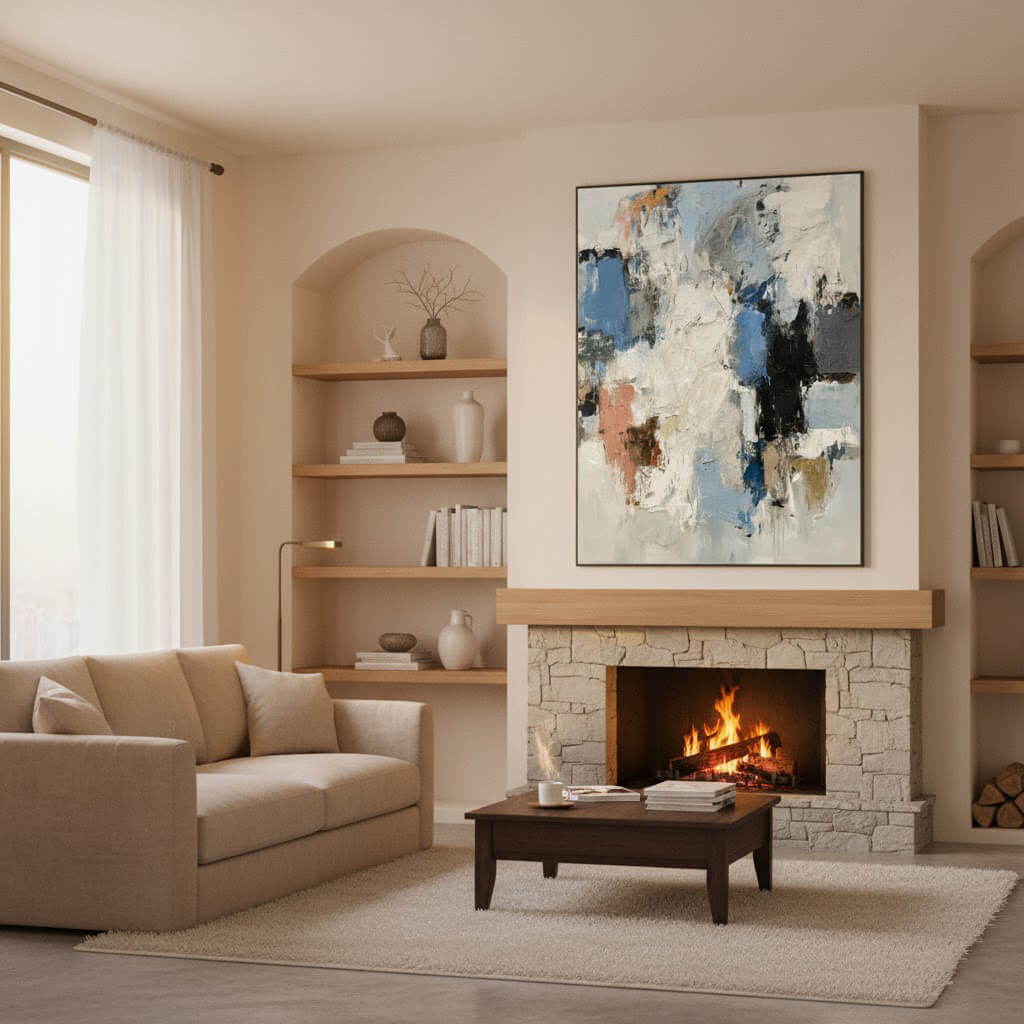 Living room with beige sofa, fireplace, and abstract painting