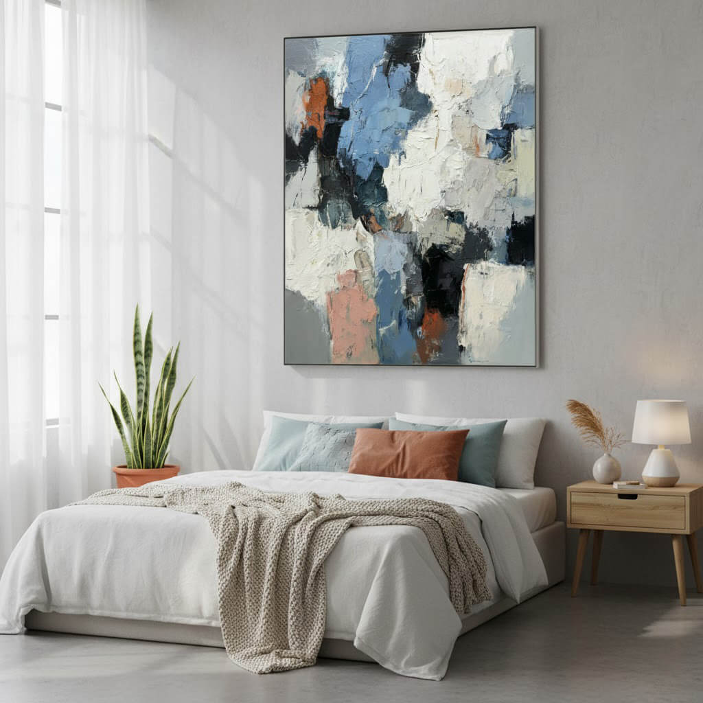 Modern bedroom with abstract painting on the wall