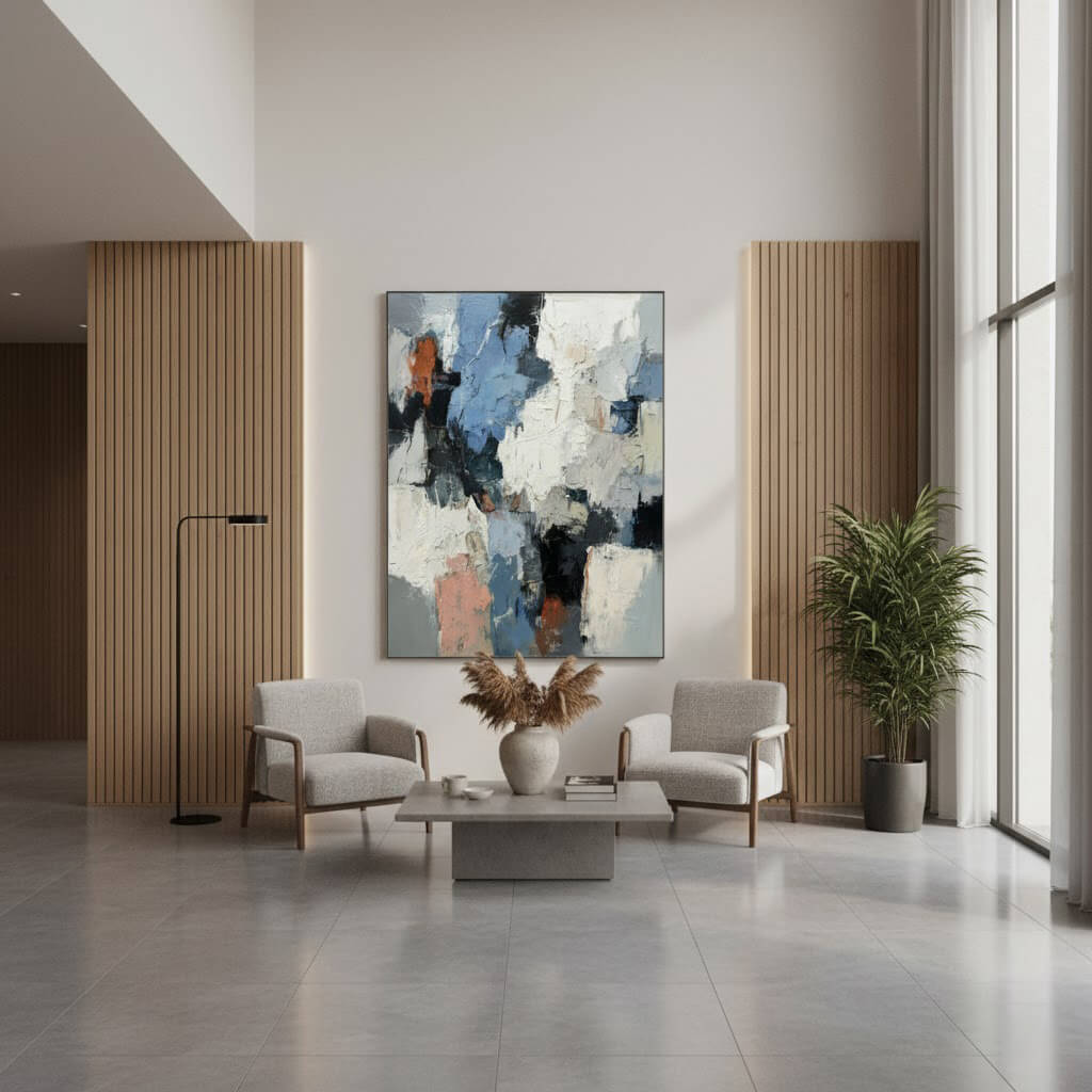 Modern living room with abstract art, chairs, and a coffee table.