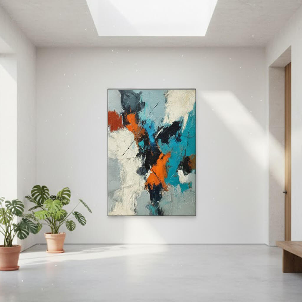 Abstract painting on a white wall with plants and a bench in a minimalistic room.