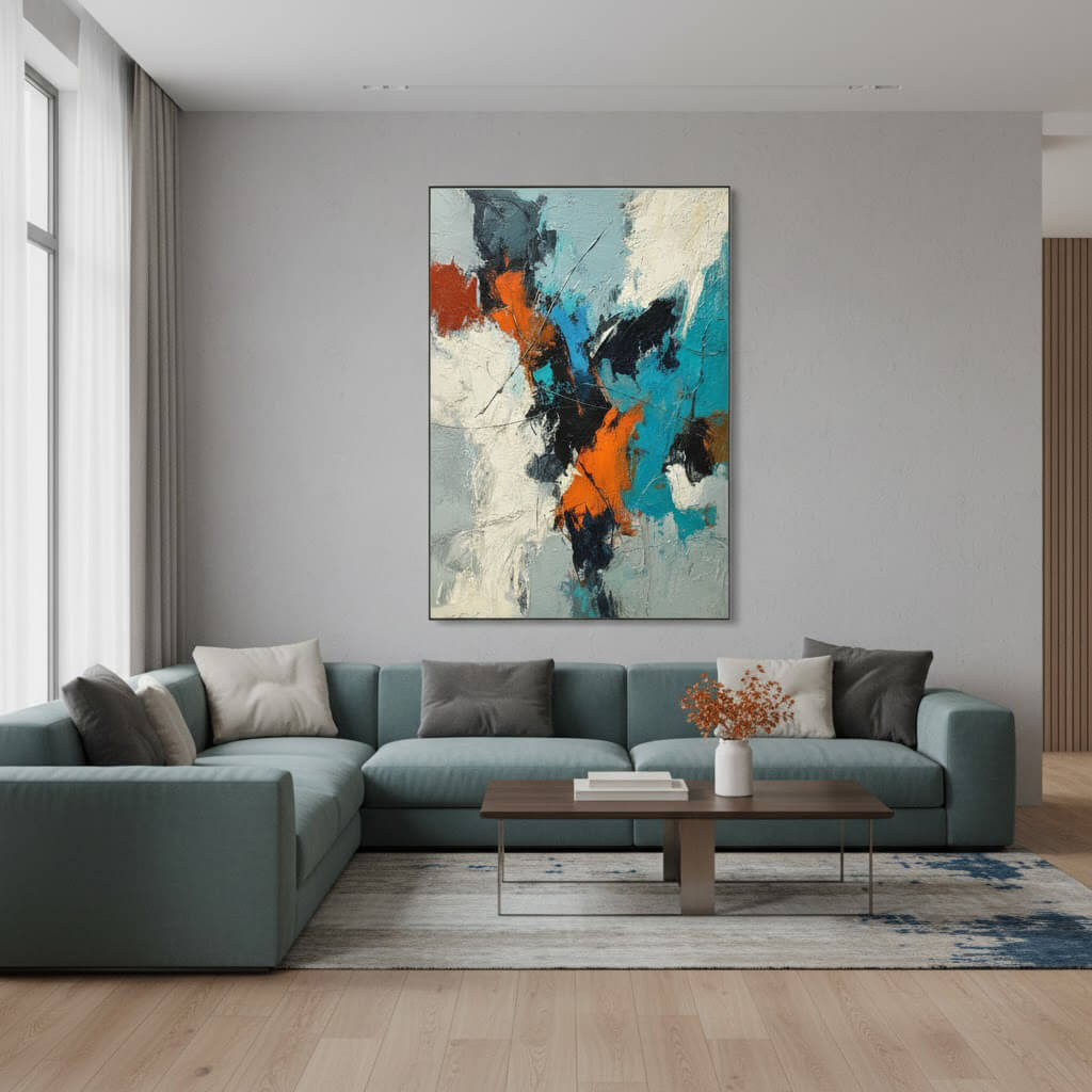 Modern living room with a colorful abstract painting on the wall above a sectional sofa.