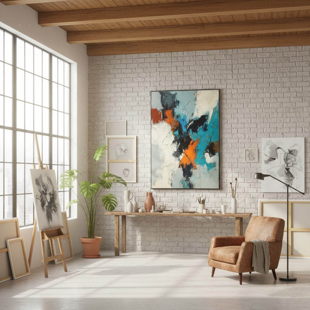 Modern living room with abstract art on a brick wall, a brown armchair, and large windows.