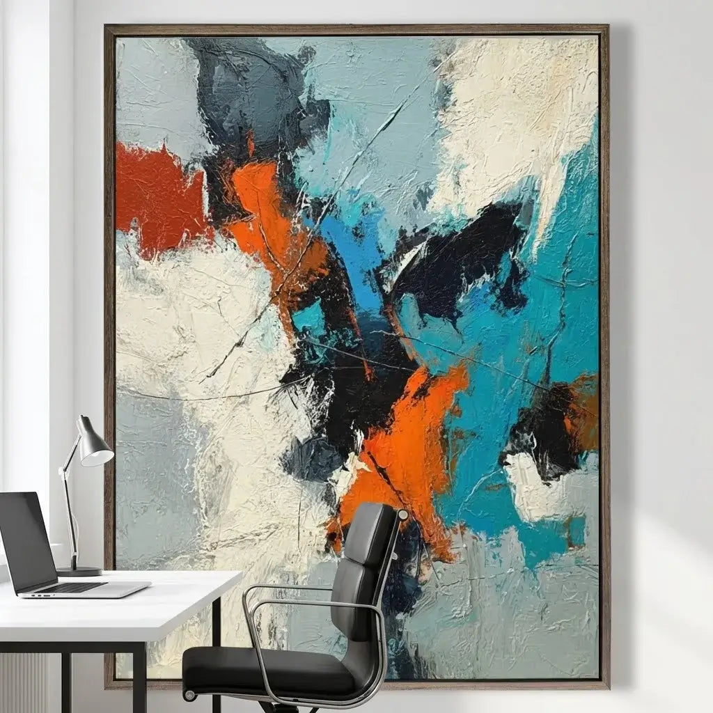 Abstract painting with orange, blue, and black colors in a modern office setting.
