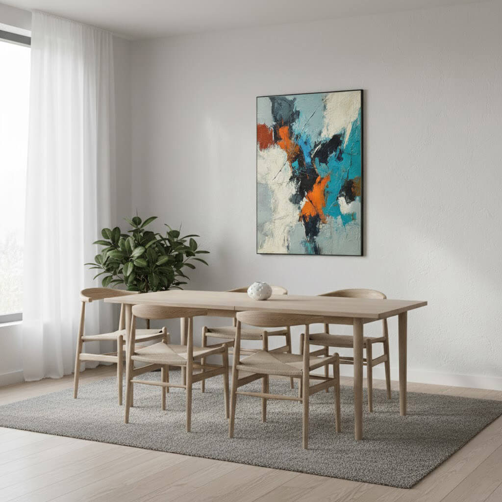 Dining room with wooden table and chairs, abstract painting on the wall, and a plant.