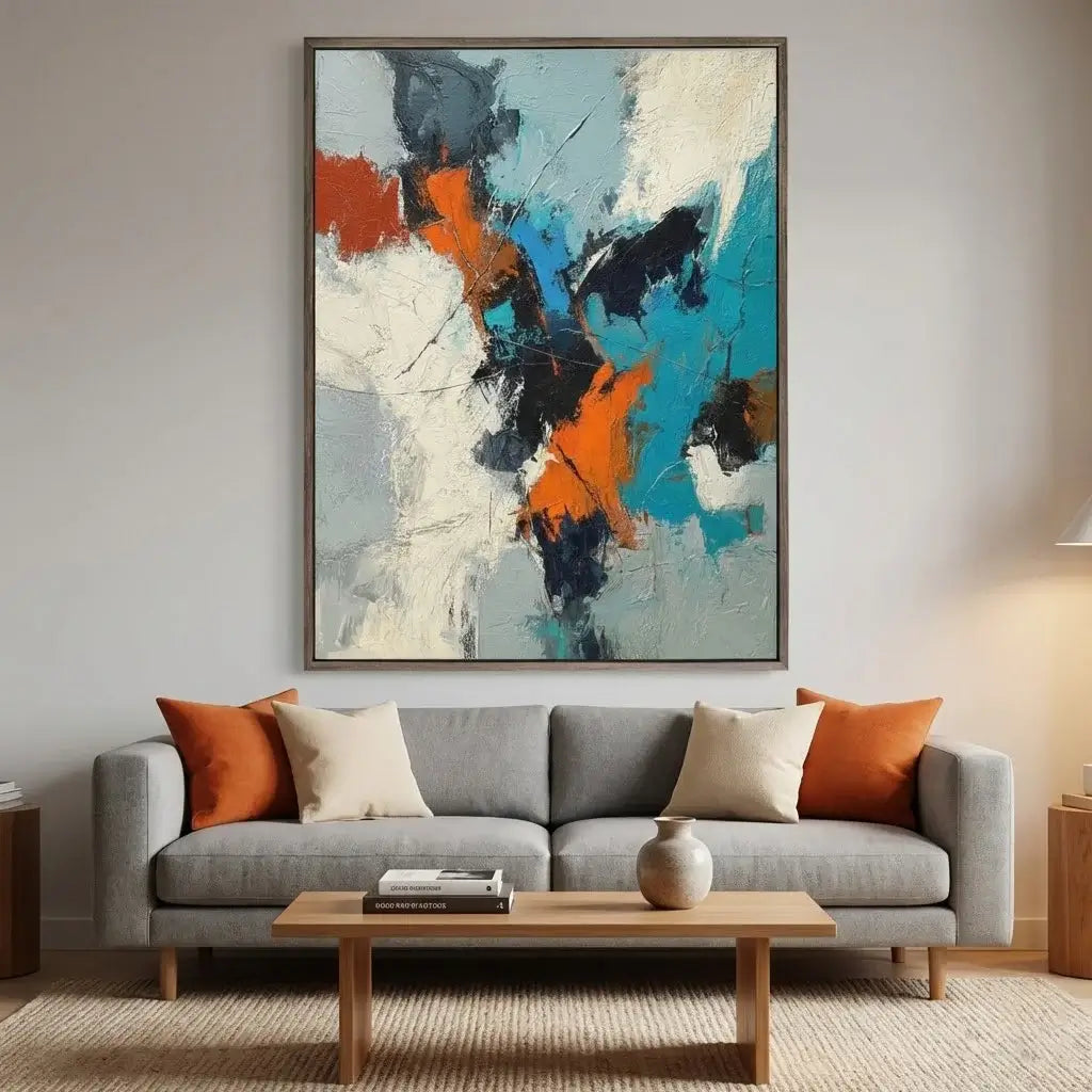 Living room with a gray sofa, wooden coffee table, and abstract painting on the wall.
