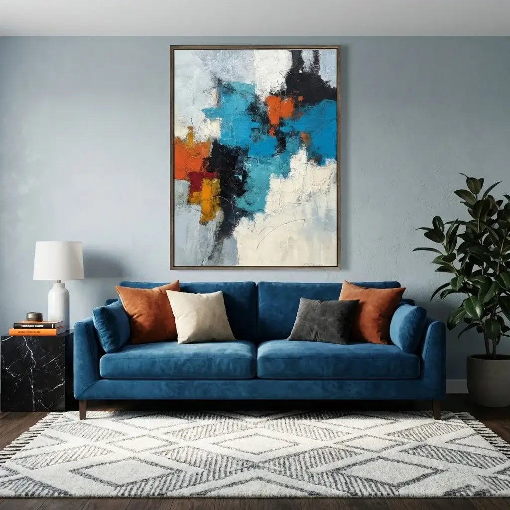 Blue sofa with colorful pillows in a living room with abstract art on the wall.
