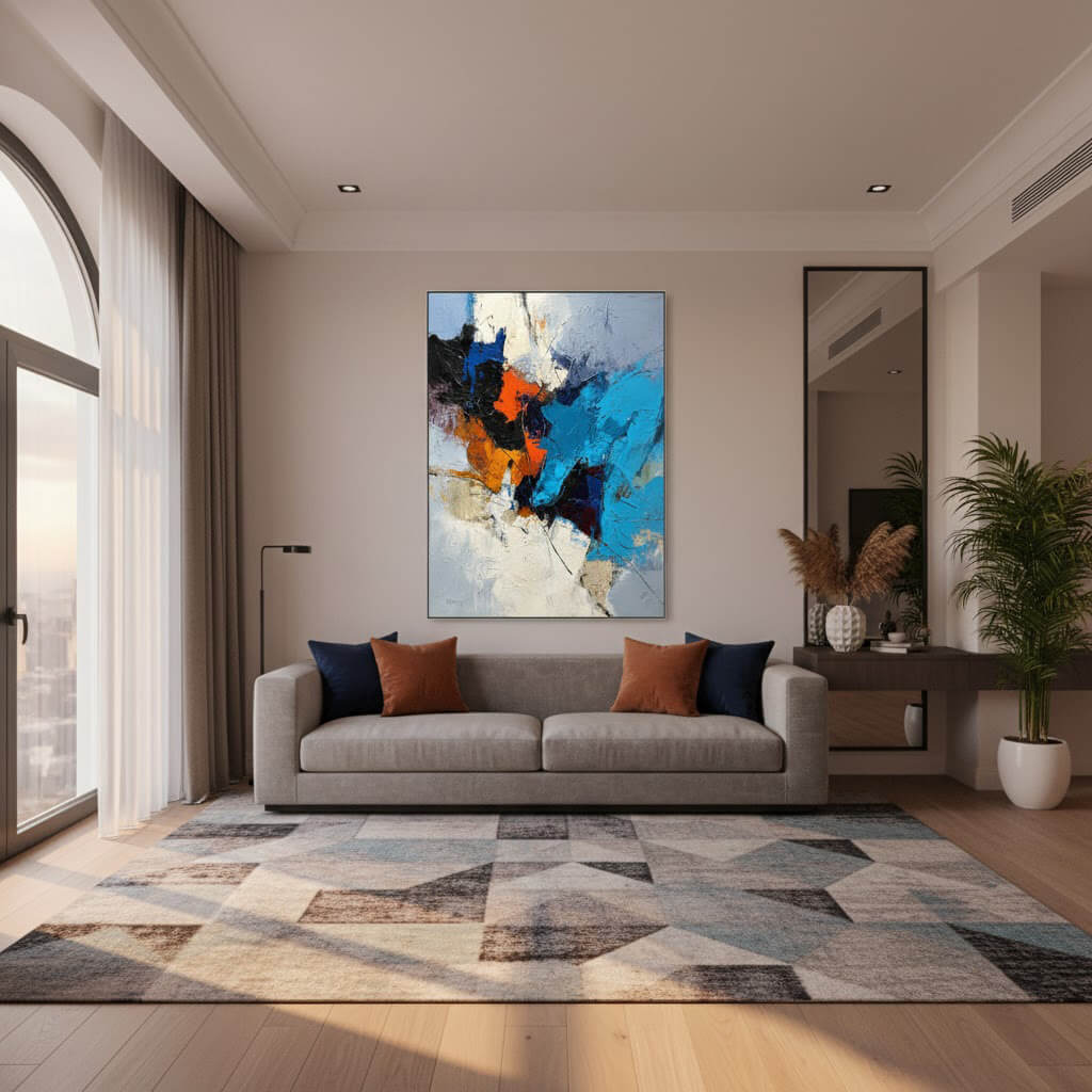 Modern living room with a gray sofa, colorful abstract painting, and geometric rug.
