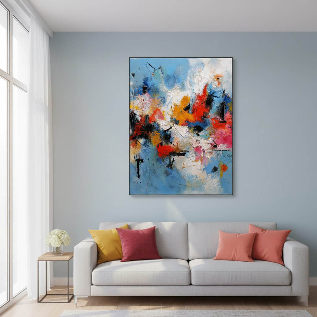 Modern living room with a colorful abstract painting on the wall above a sofa.
