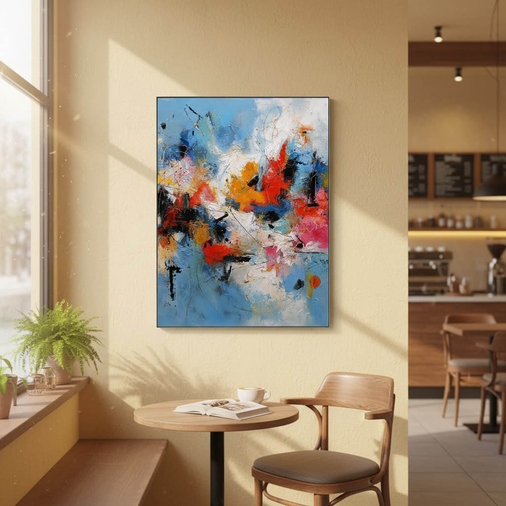 Abstract painting on a wall in a modern cafe setting