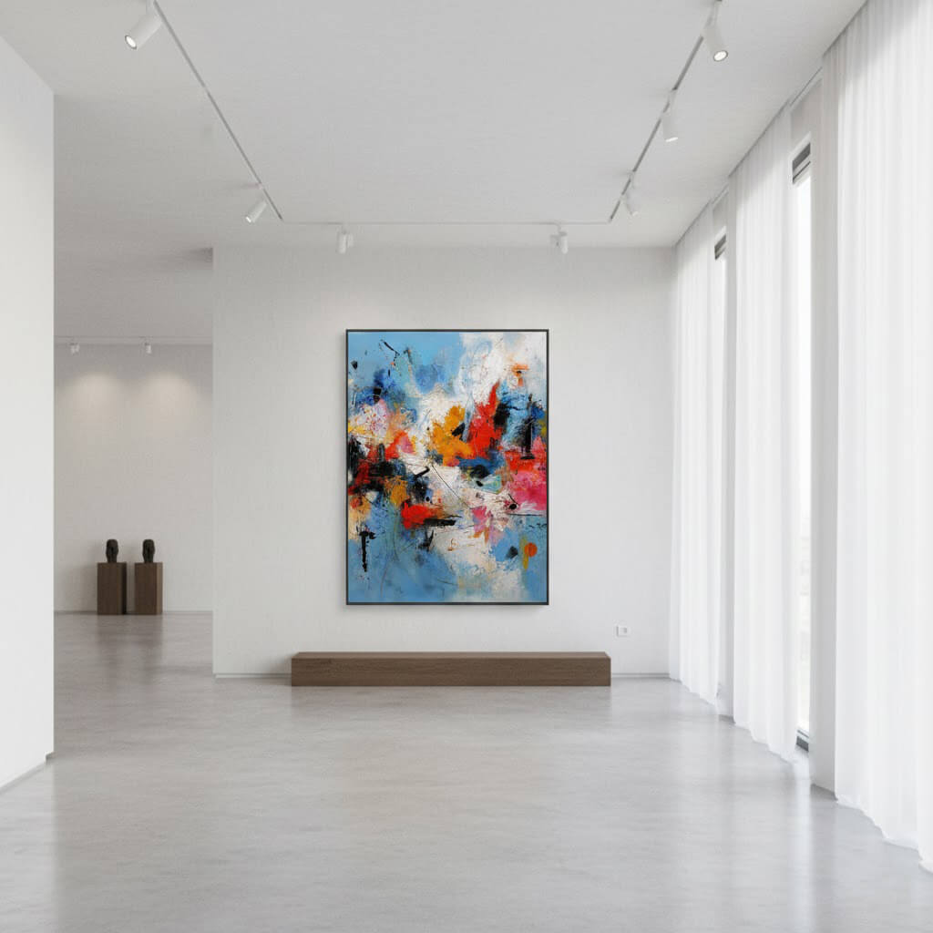 Modern interior with a colorful abstract painting on a white wall