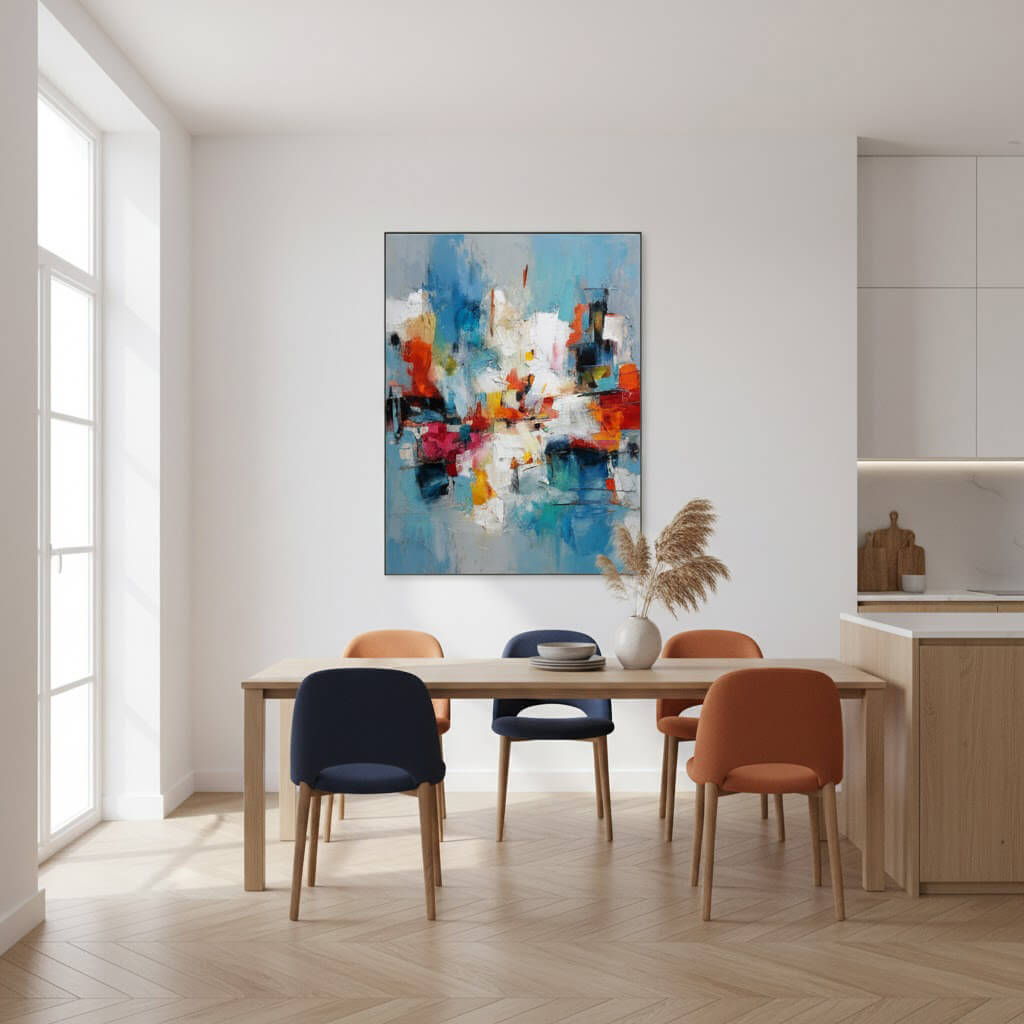 Dining room with a colorful abstract painting on the wall, wooden table, and chairs.