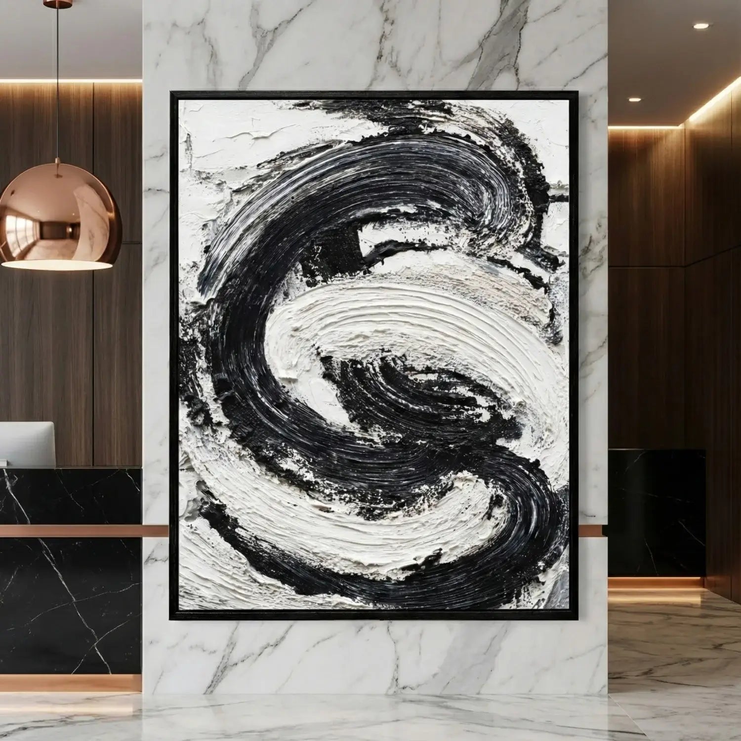 Abstract black and white painting in a modern interior setting with marble walls and wooden accents.