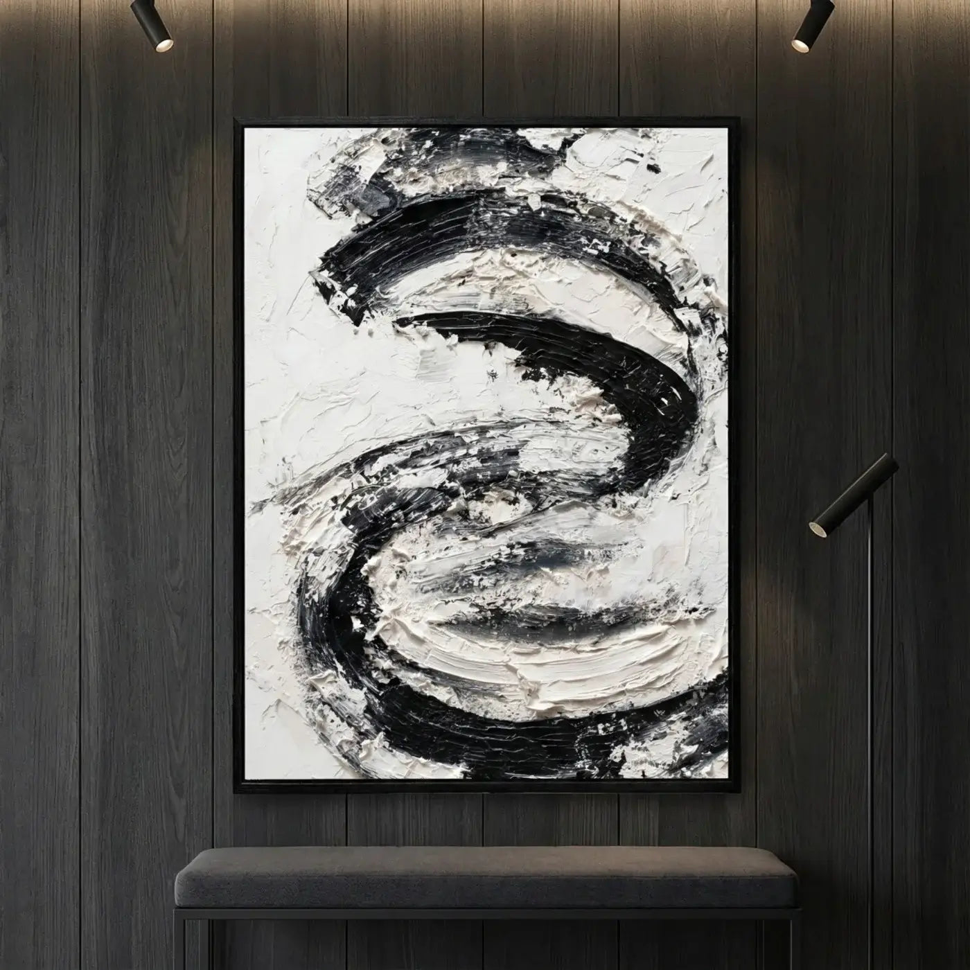 Abstract black and white painting on a wooden wall