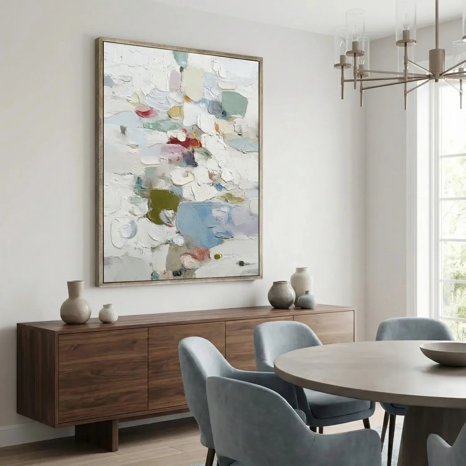 Modern dining room with abstract art, wooden sideboard, and gray chairs.