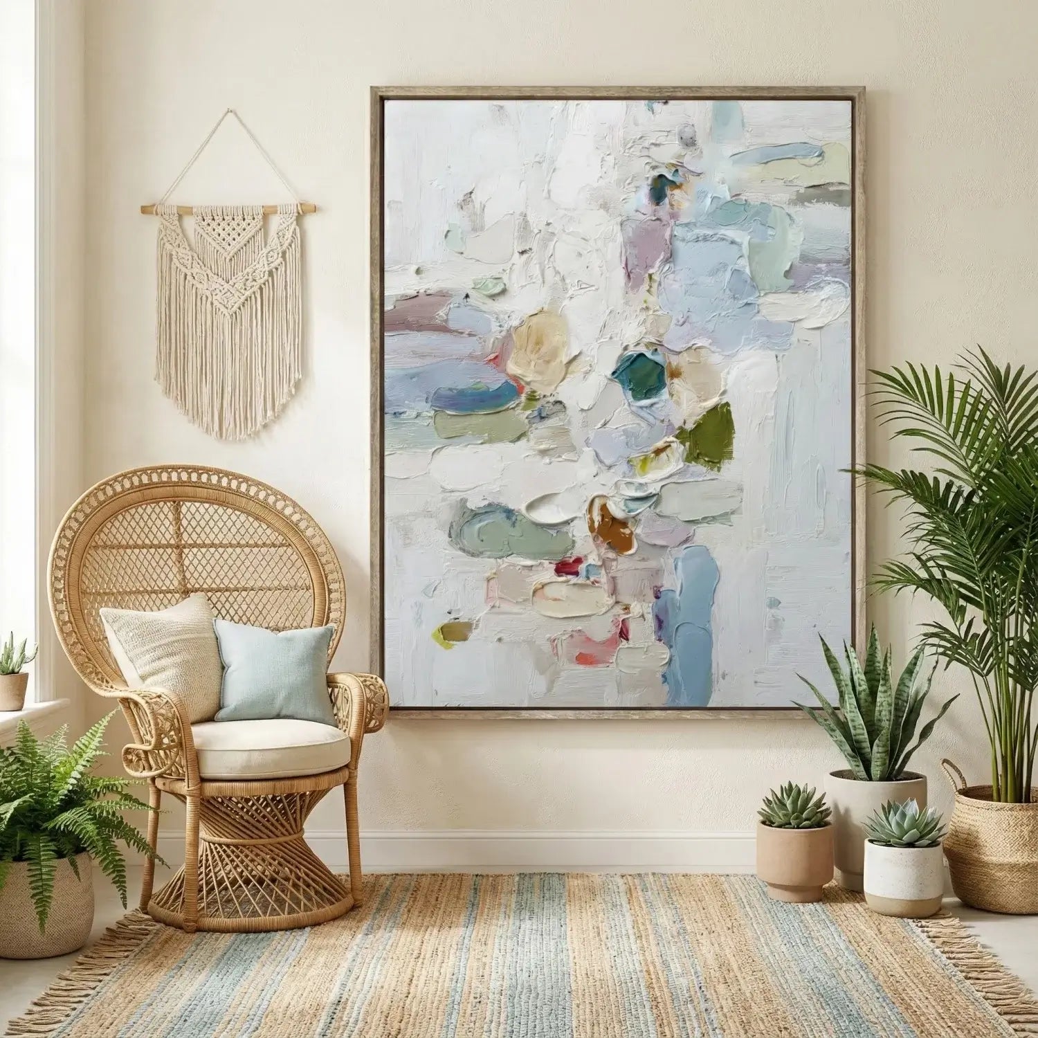 Living room with wicker chair, abstract painting, and potted plants