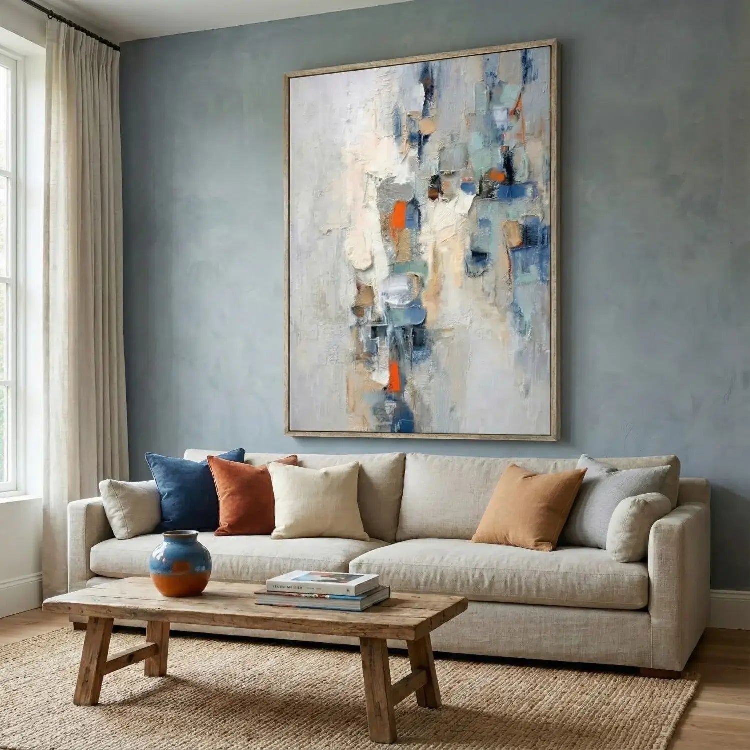 Living room with a beige sofa, colorful pillows, a wooden coffee table, and an abstract painting on the wall.