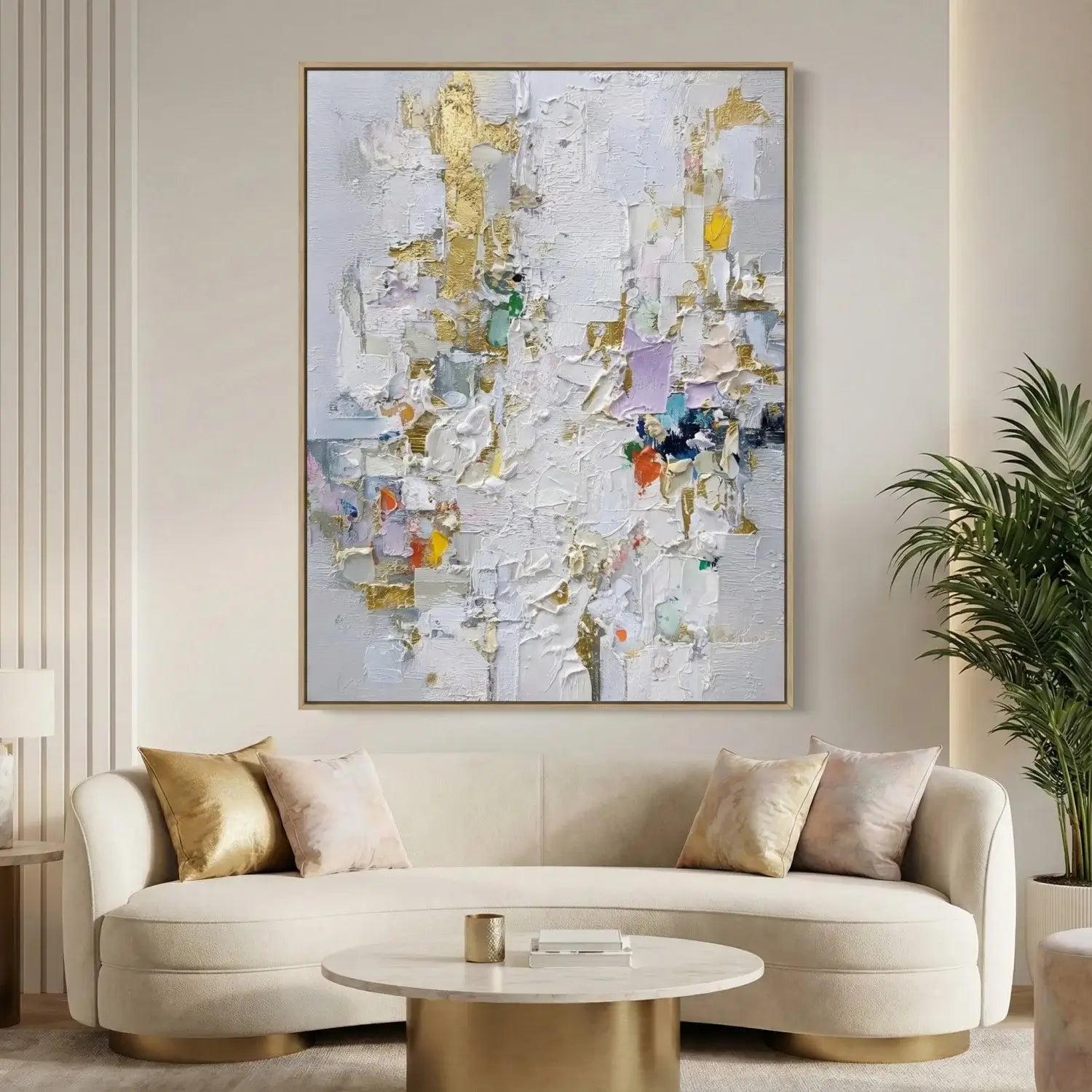 Modern living room with a beige sofa, round coffee table, and abstract painting on the wall.