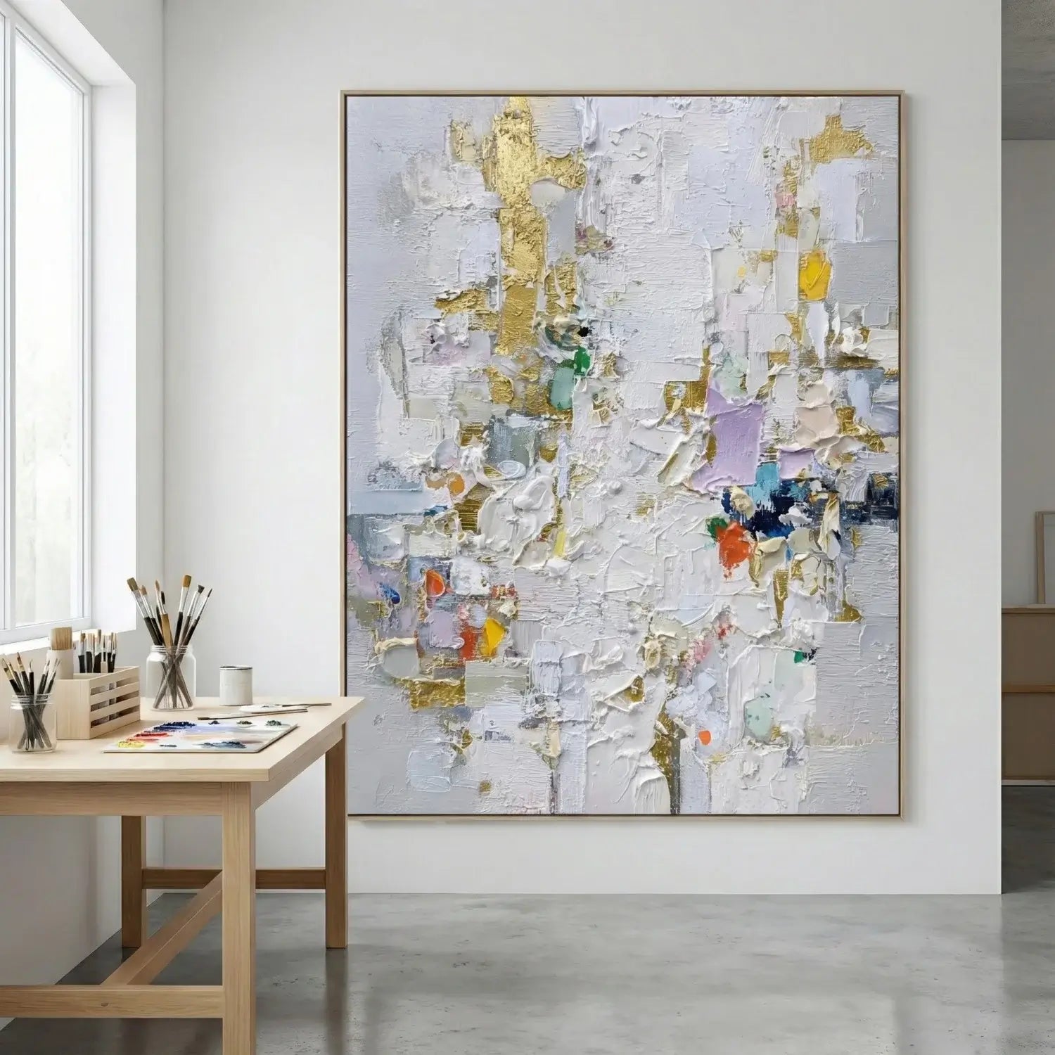 Abstract painting on a wall in a room with a table and art supplies.