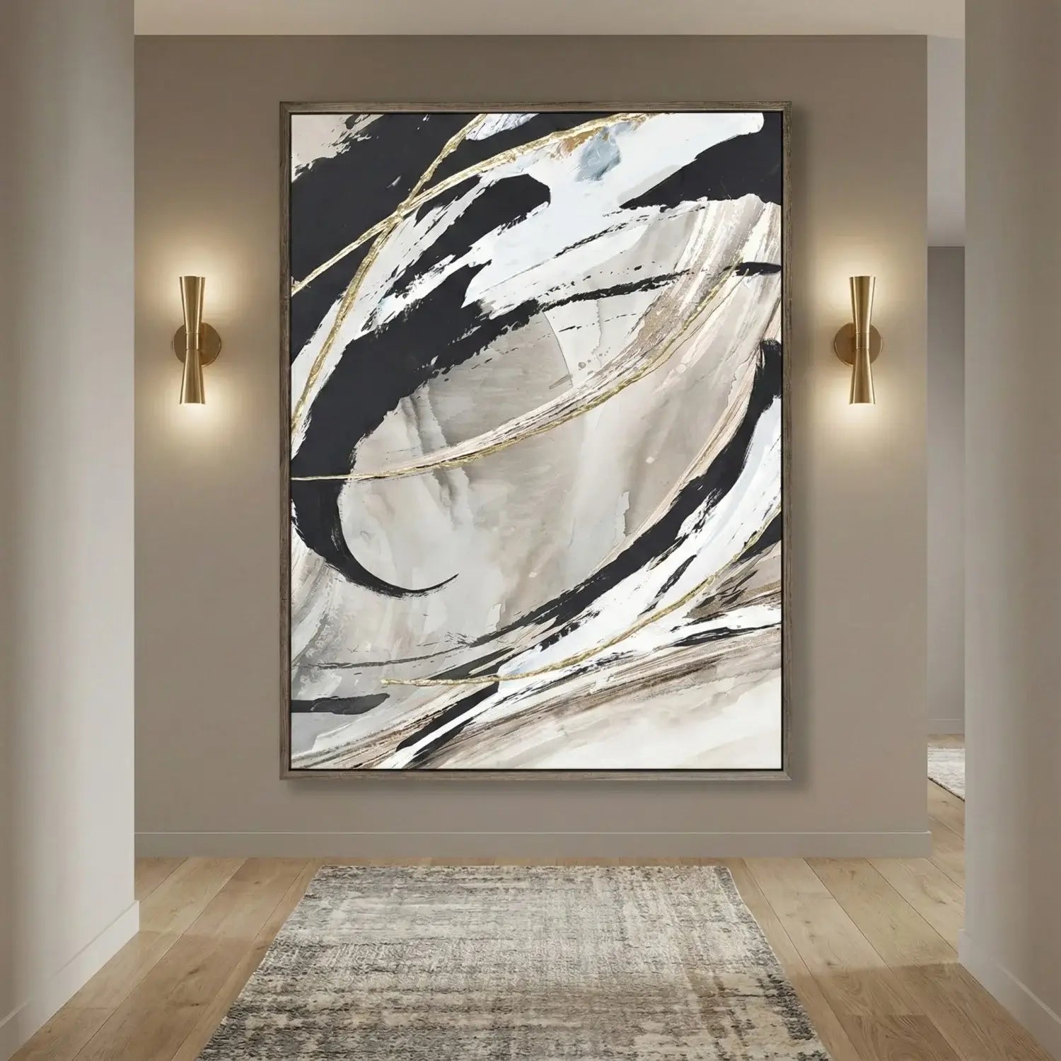 Abstract art piece on a wall with two wall sconces on either side.