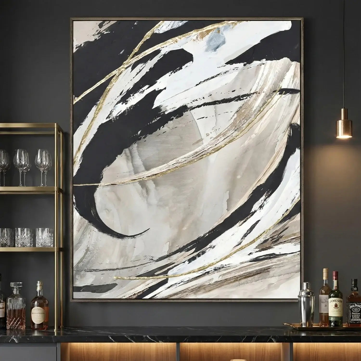 Abstract art piece in a modern interior setting with shelves and bottles.