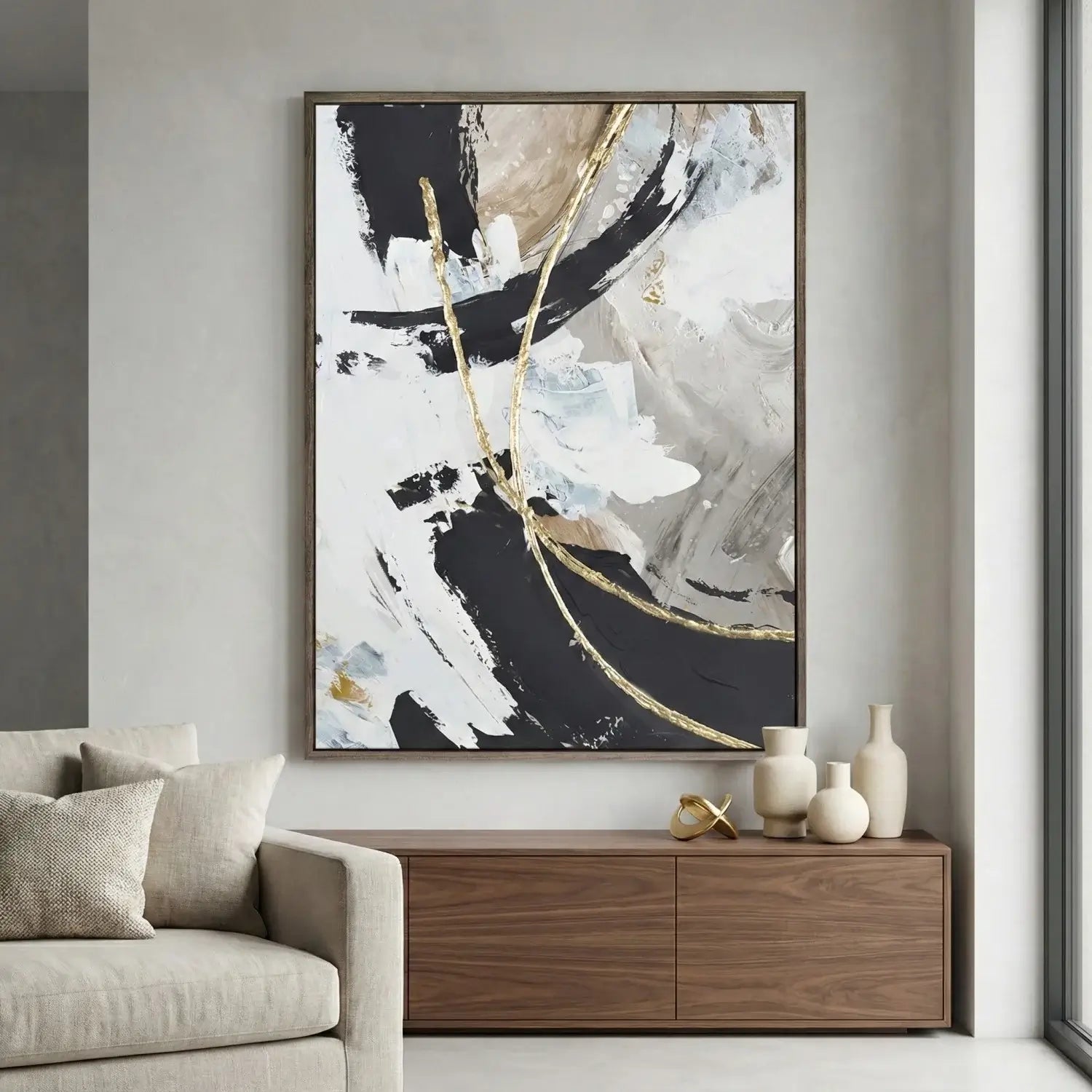 Abstract art piece in a modern living room setting with a sofa and wooden cabinet.