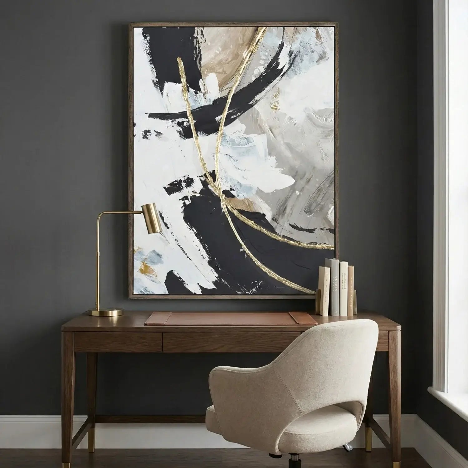 Modern office setup with a desk, chair, and abstract art on a dark wall.