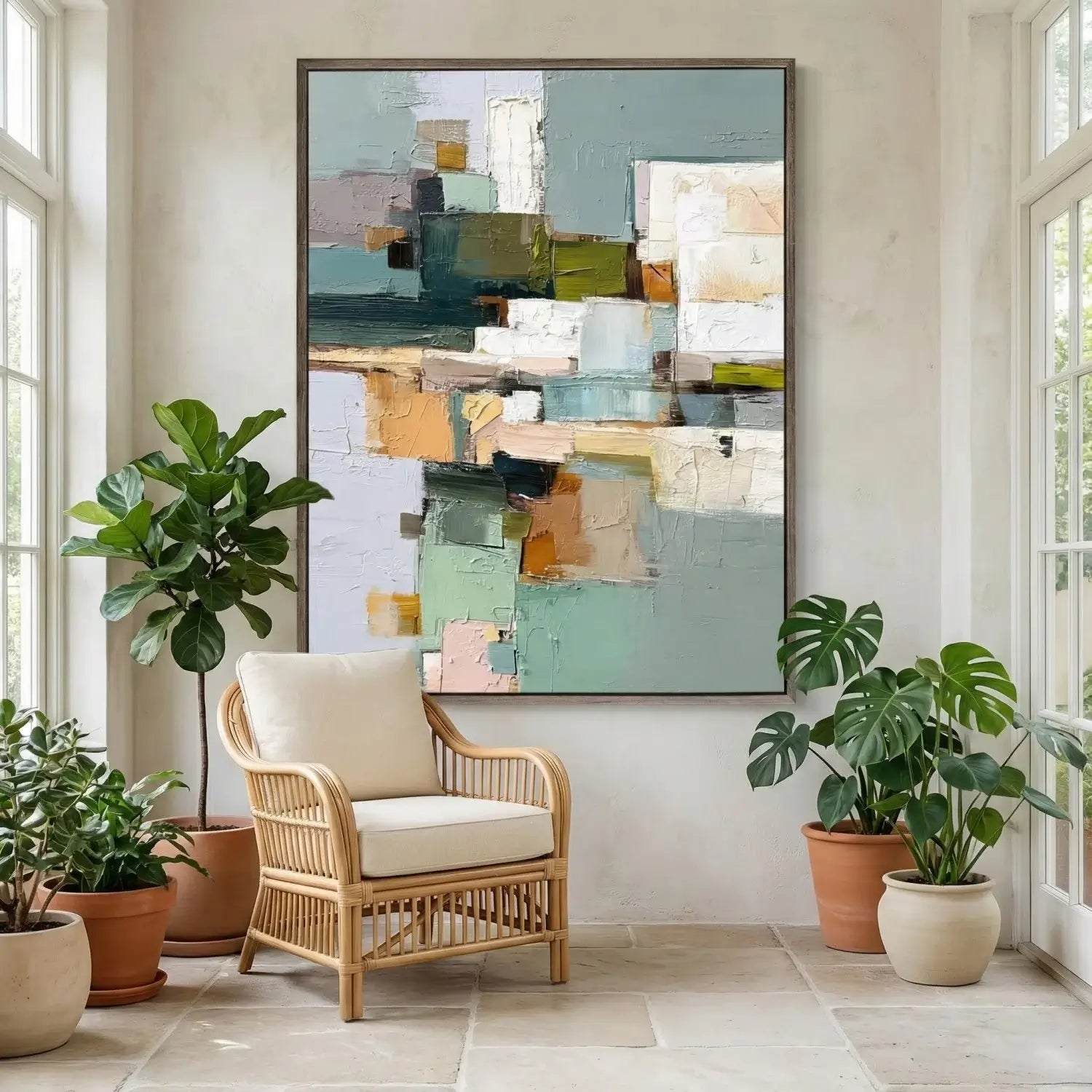 Living room with a wicker chair, potted plants, and abstract art on the wall.