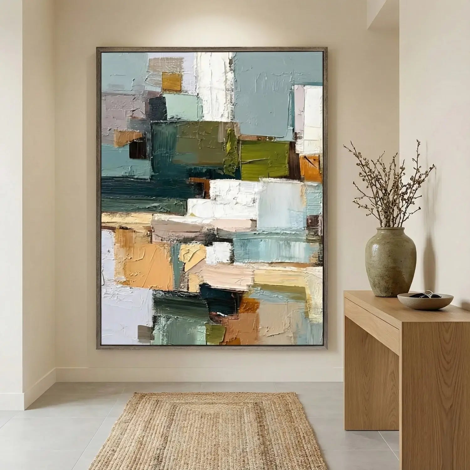 Abstract painting in a modern interior setting with a wooden table and decorative items.