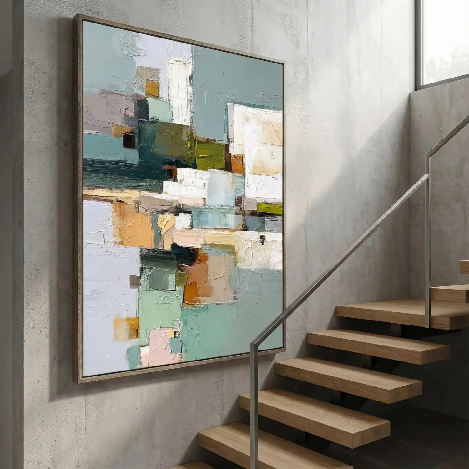 Abstract art painting on a wall above a staircase
