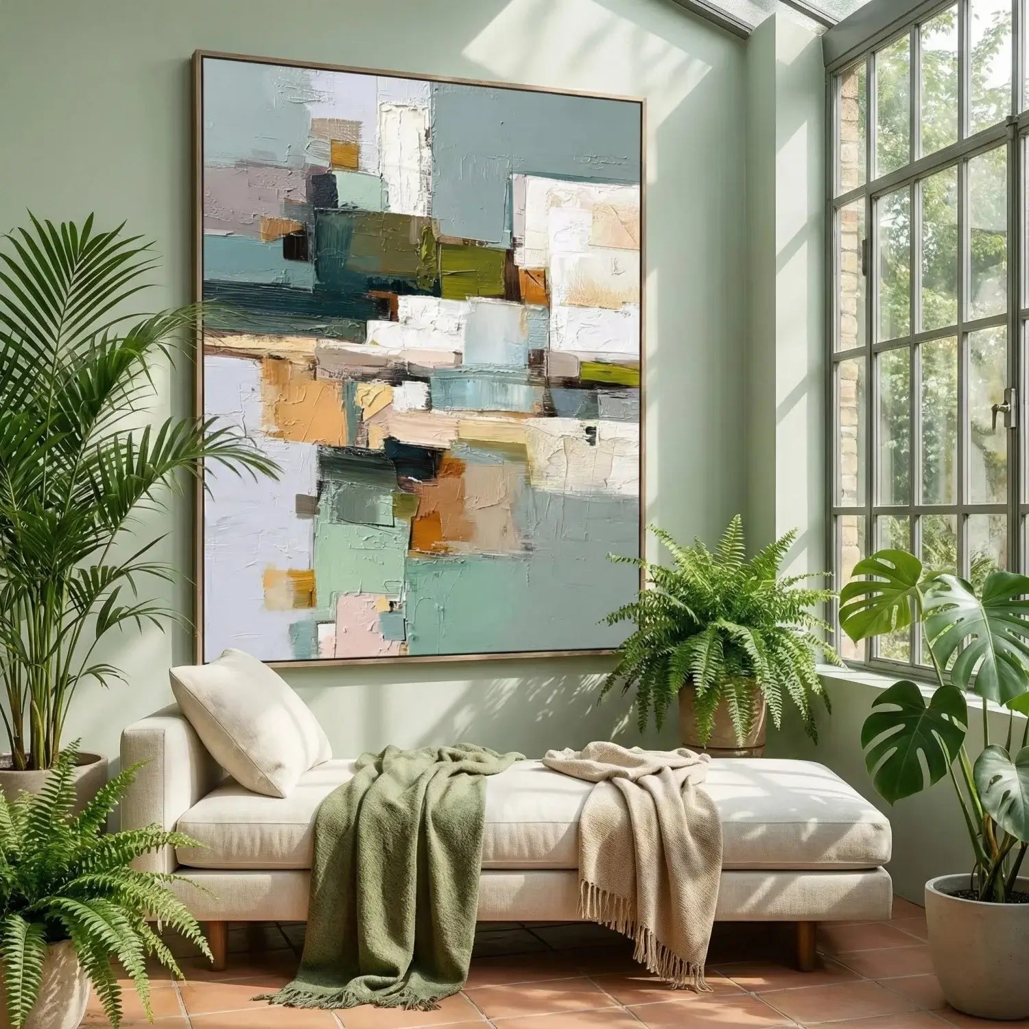 Living room with a couch, abstract painting, and potted plants