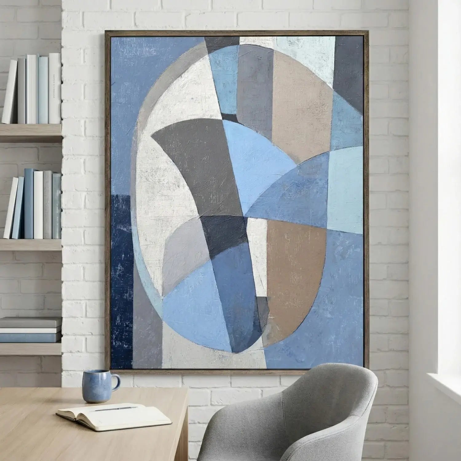 Abstract art piece with geometric shapes in a modern interior setting