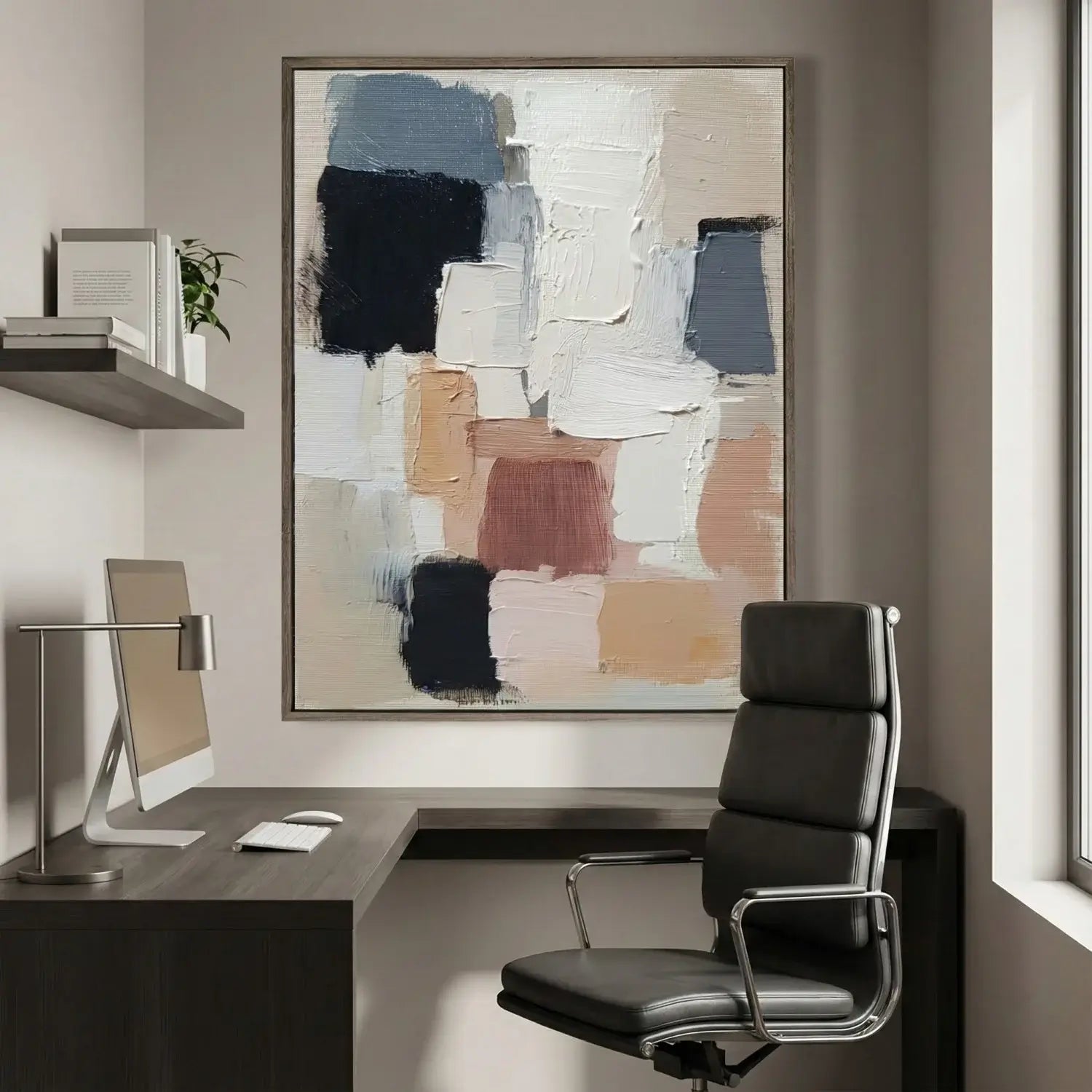 Modern office setup with a desk, chair, and abstract painting on the wall.