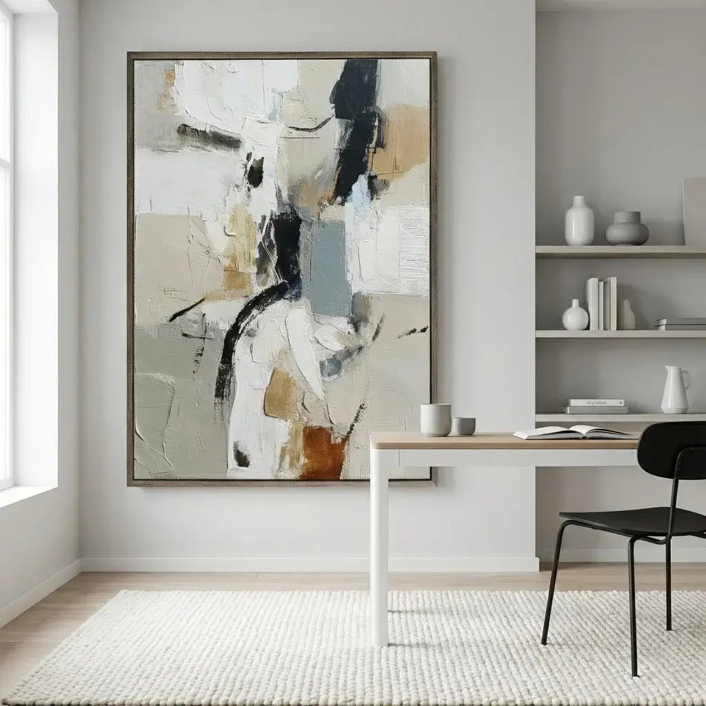 Modern interior with abstract art on the wall above a desk.