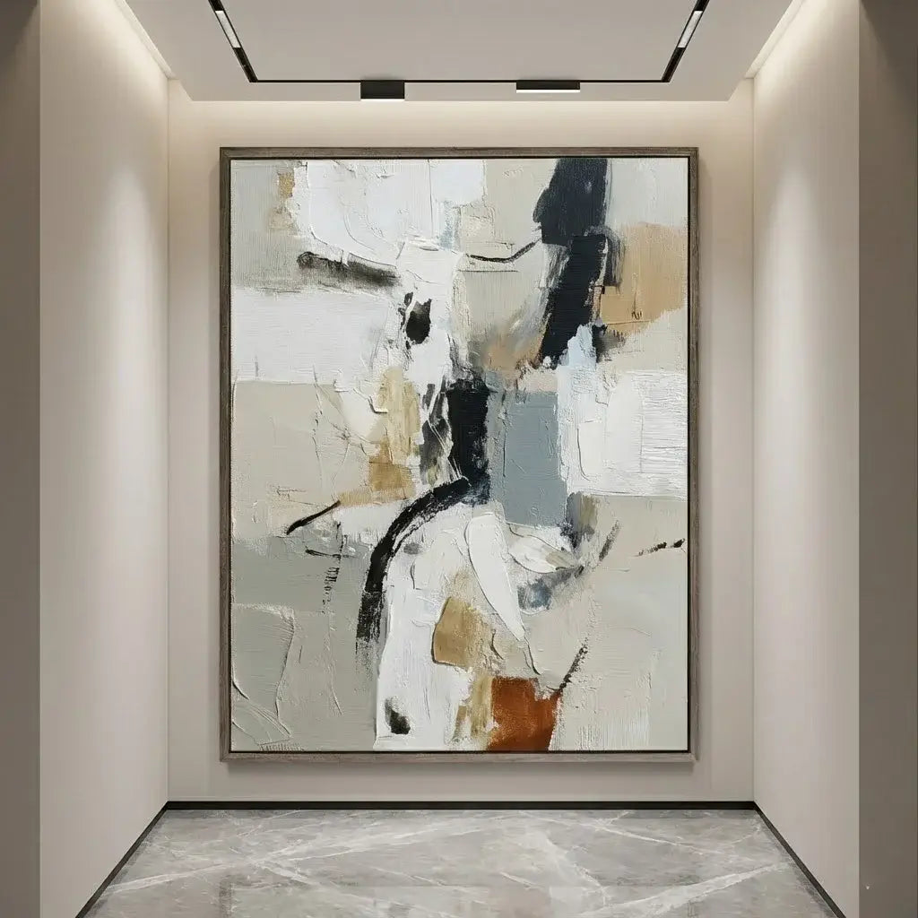 Abstract painting in a modern interior setting with neutral colors