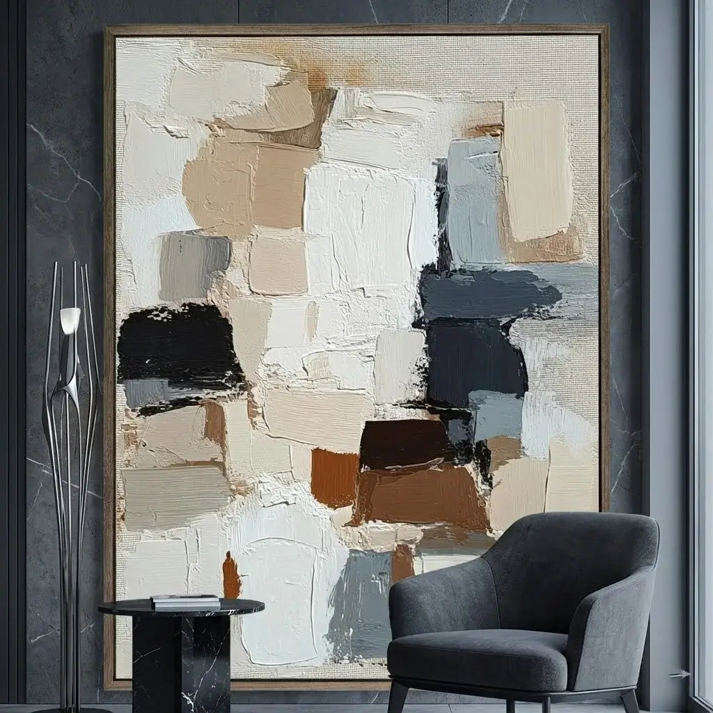 Abstract art piece in a modern interior setting with a chair and side table.