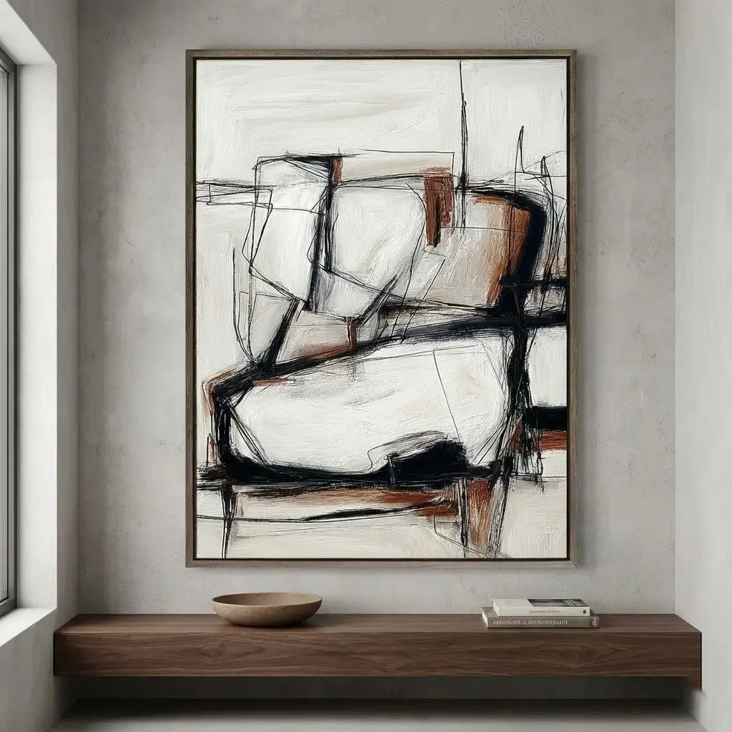 Abstract art piece on a wall above a wooden console table.