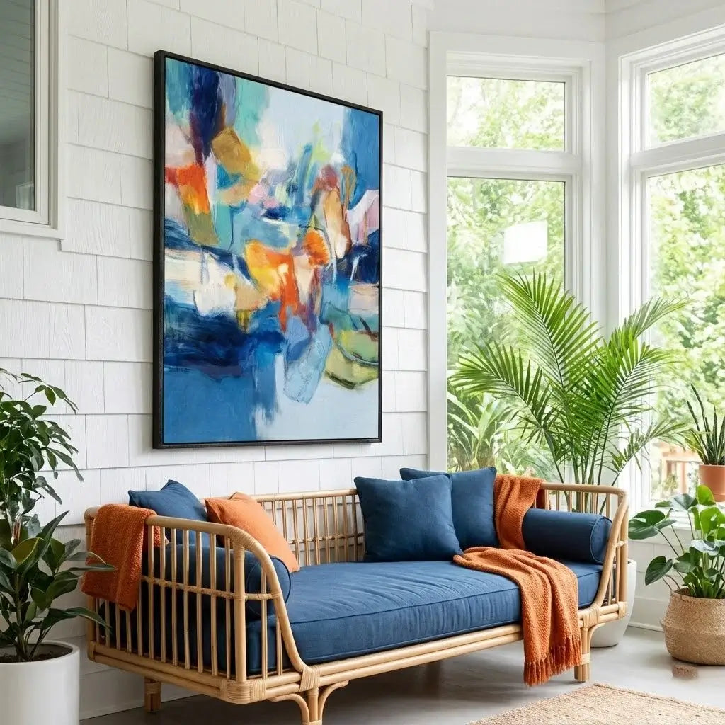 Living room with a wooden sofa, blue cushions, orange throw, and abstract art on the wall.