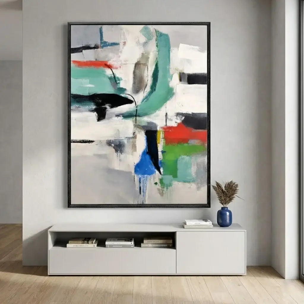 Abstract painting with colorful brush strokes on a wall above a white console table.